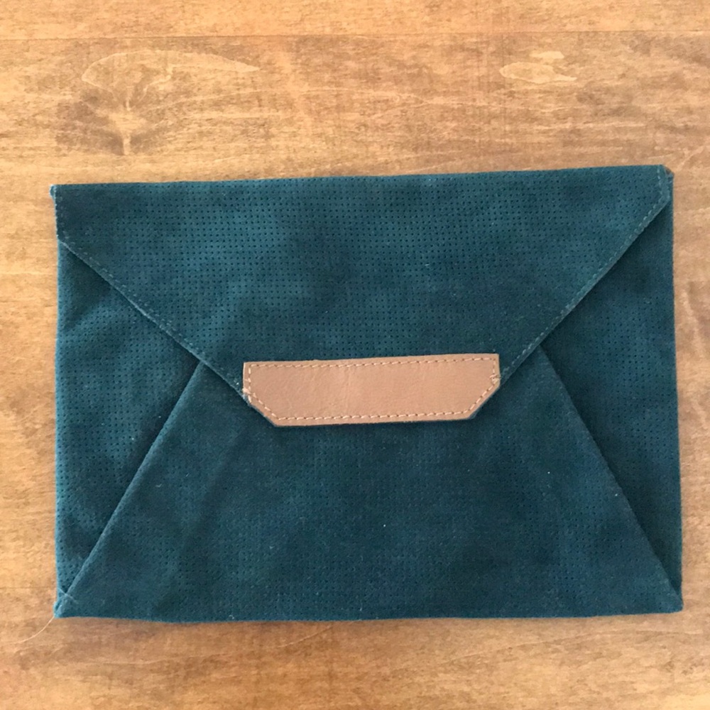 Anthropologie Teal Suede Envelope Clutch with Taupe Tab